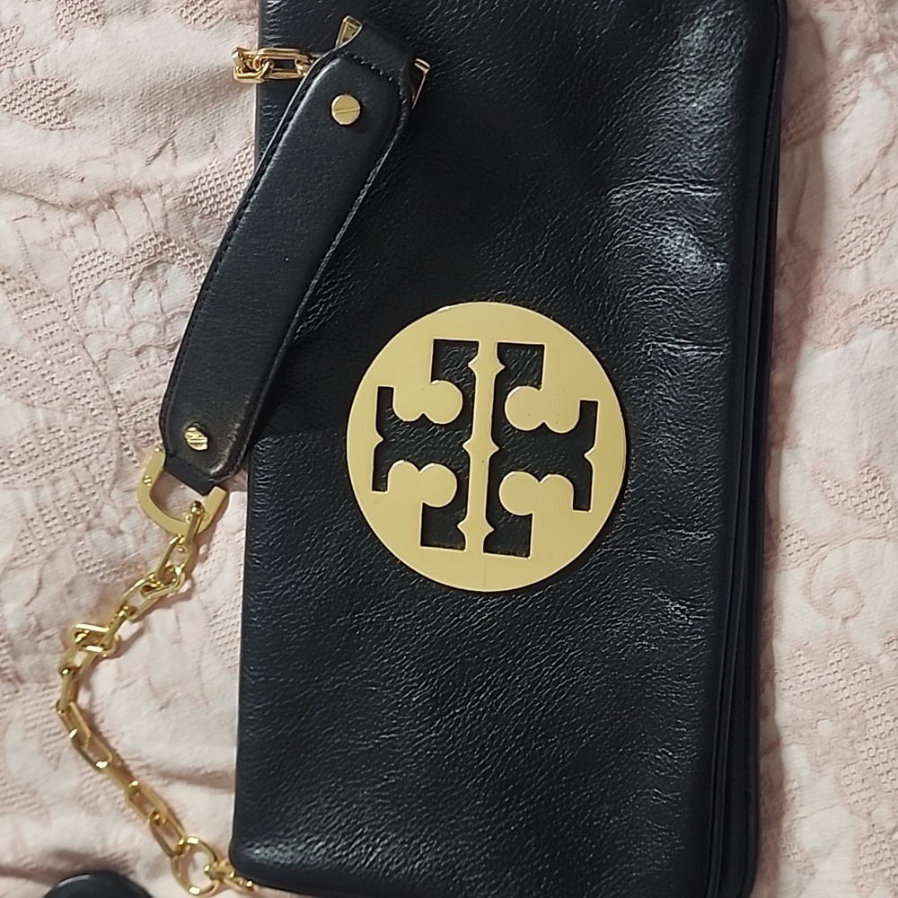 Tory Burch Black Leather Bag with Gold Emblem